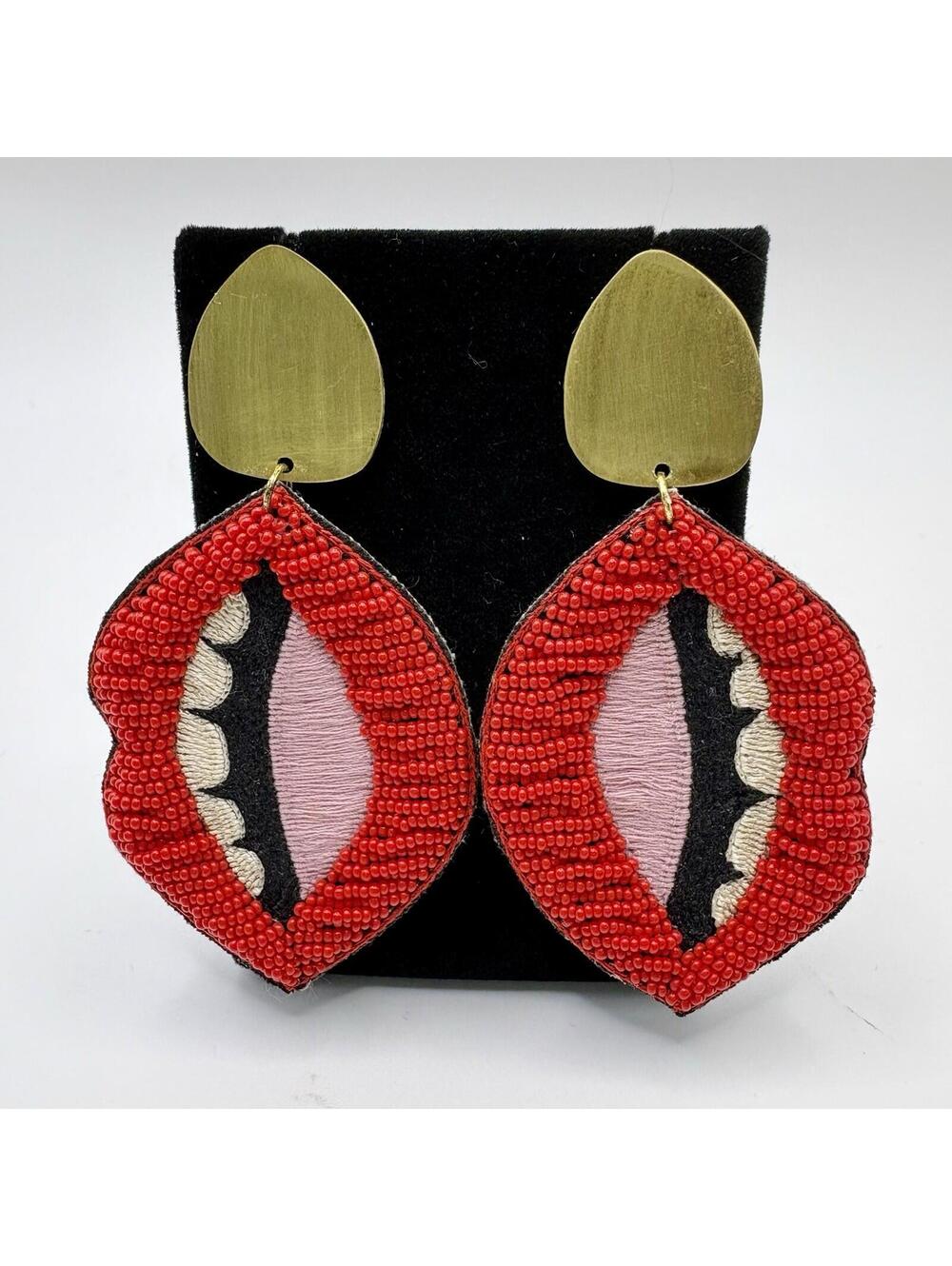 Allie Beads Earrings Red Lips Beaded Statement Bold